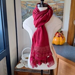 Como-Italy Red Wool Scarf with Lace & Crocheted Trim